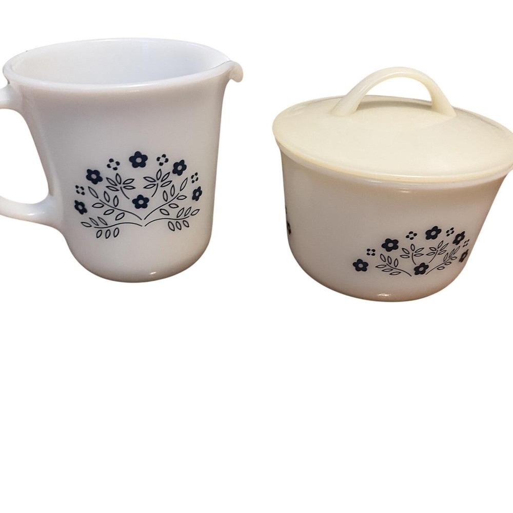 Vintage PYREX Blue Summer Impressions Cream & Sugar Bowl With Lid USA